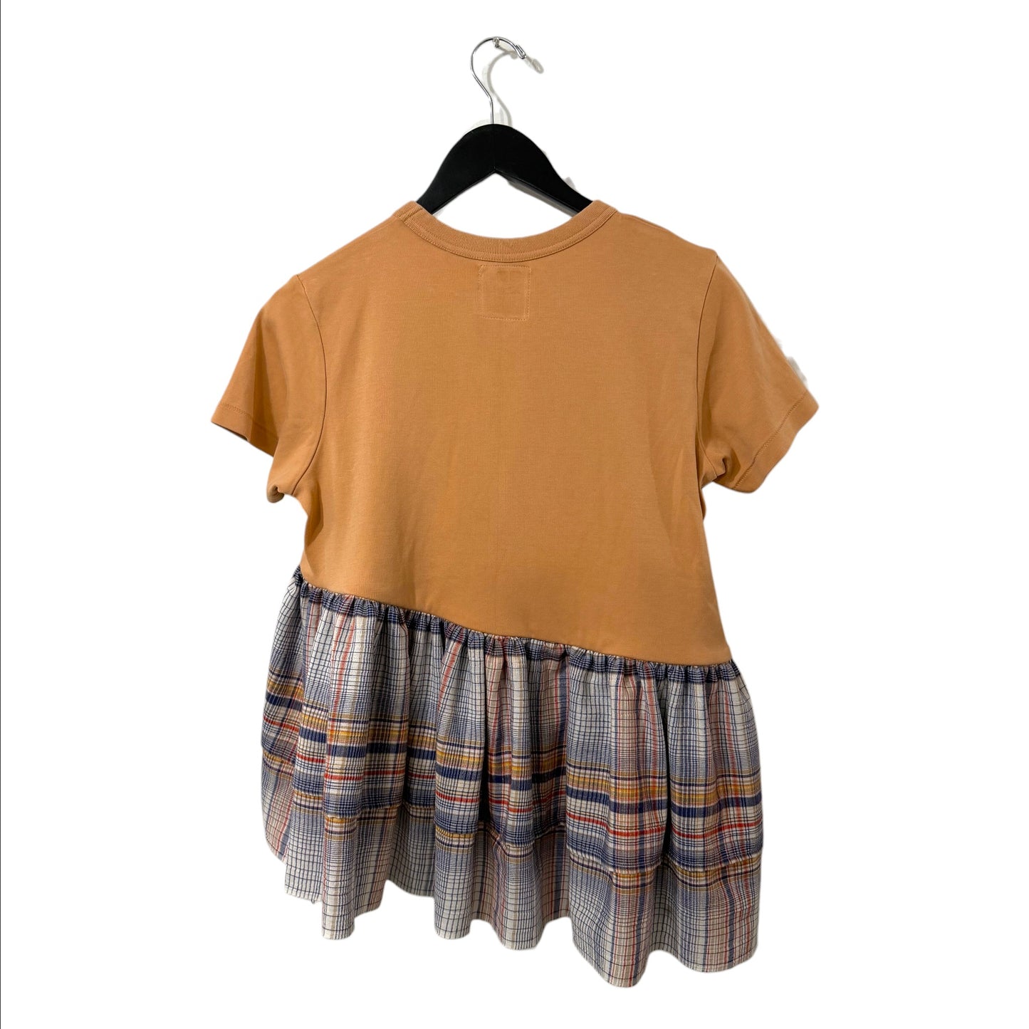 0 mph tan jersey t-shirt with an asymmetrical ruffled plaid hem, featuring a relaxed fit and mixed-media design.