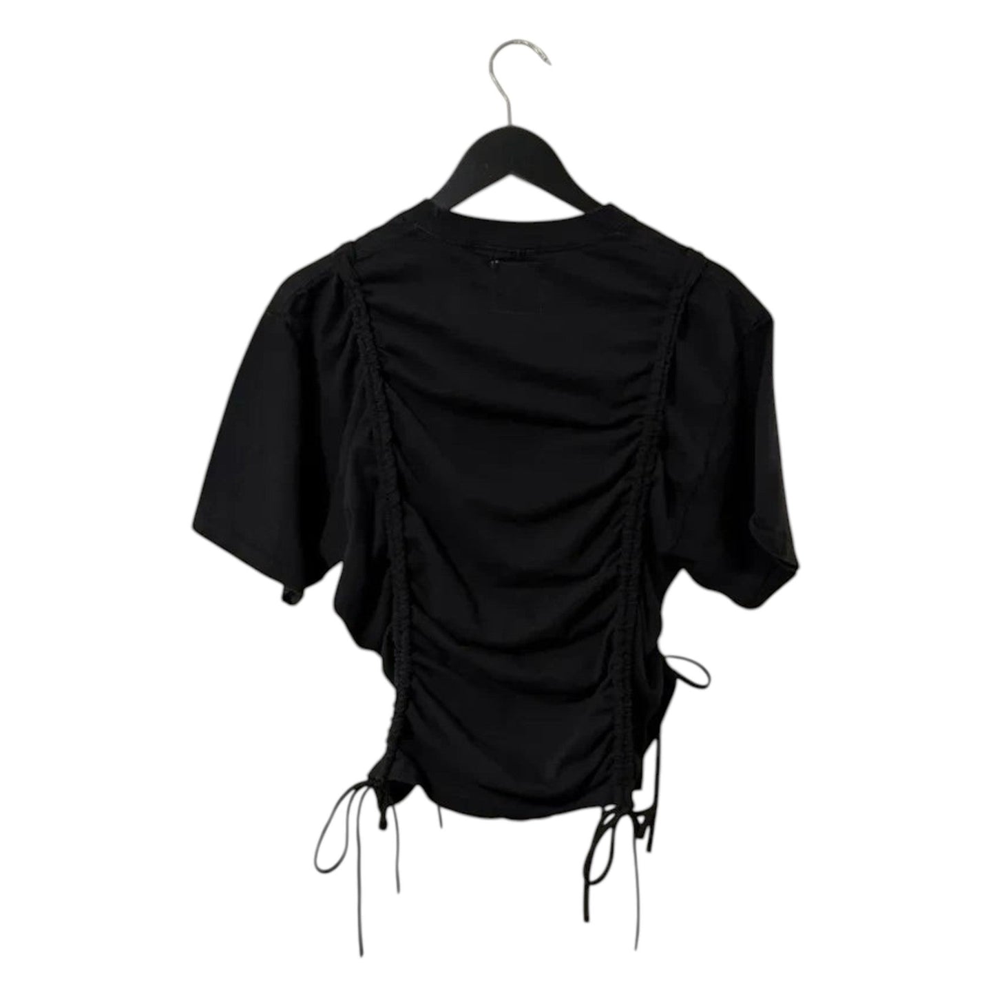 0 mph black short sleeve t-shirt with adjustable side ruched drawstring detailing hanging on a black hanger.