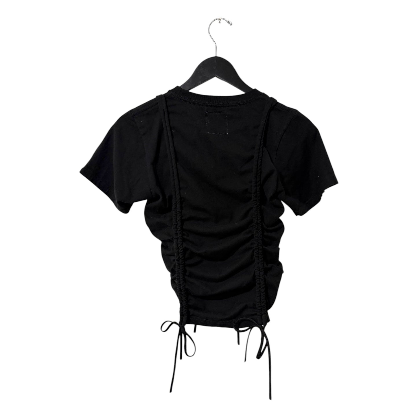 0 mph black short sleeve t-shirt with adjustable ruched side drawstrings hanging on a black hanger
