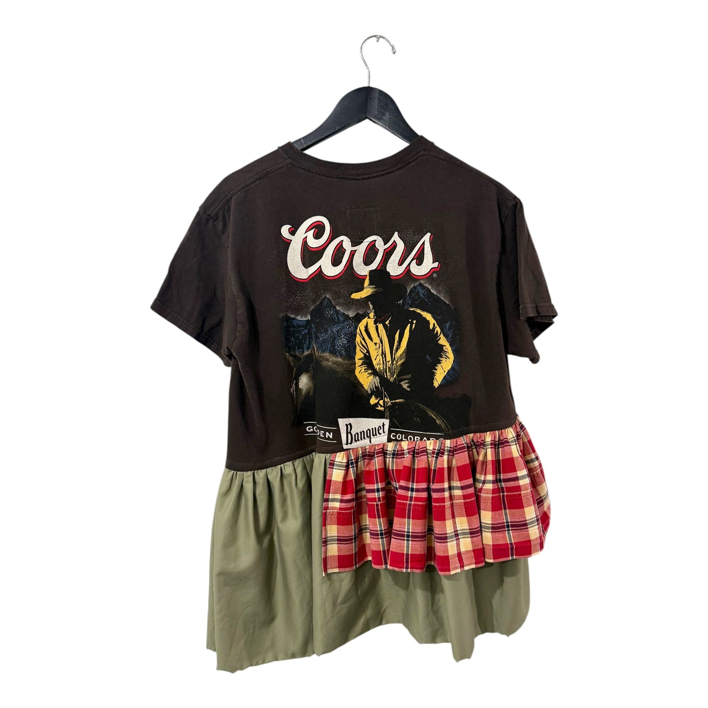 0 mph upcycled brown Coors graphic t-shirt with an asymmetrical olive green panel and red plaid flannel ruffled hem.