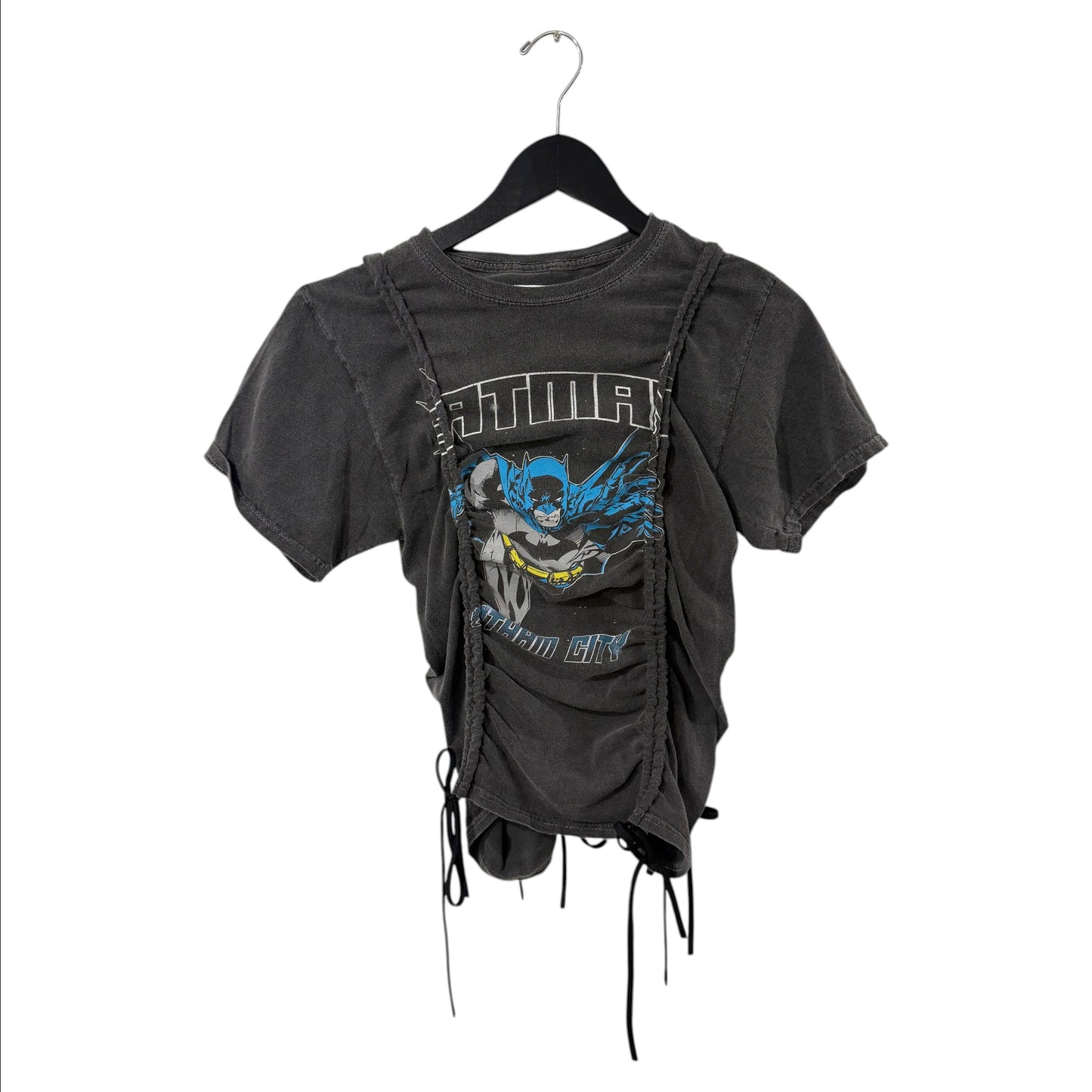 0 mph washed-black cotton Batman graphic t-shirt with adjustable front ruching and lace-up tie hem details.
