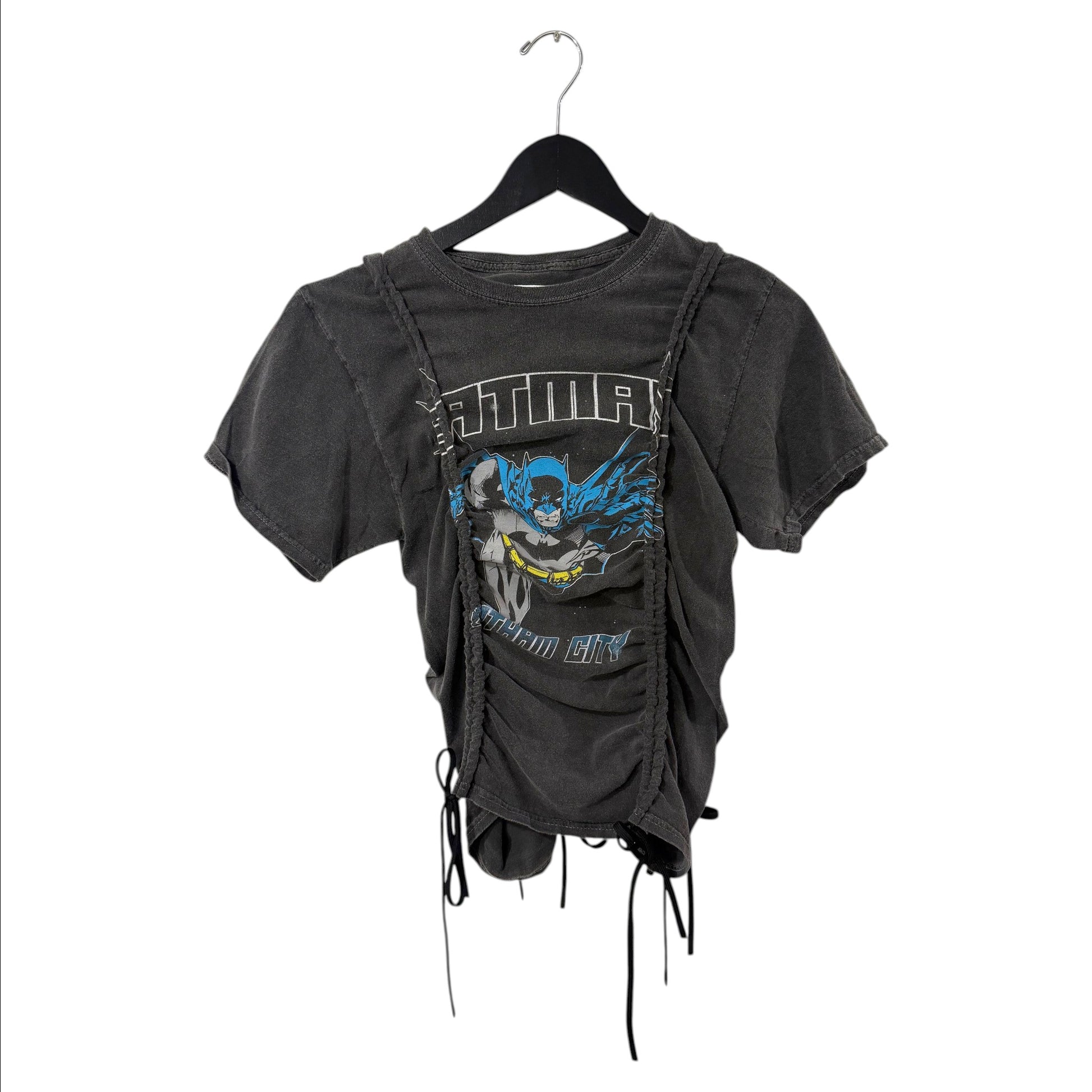 0 mph washed-black cotton Batman graphic t-shirt with adjustable front ruching and lace-up tie hem details.