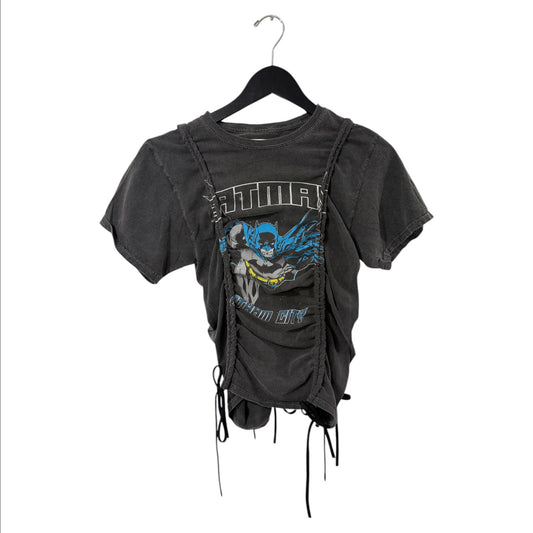 0 mph washed-black cotton Batman graphic t-shirt with adjustable front ruching and lace-up tie hem details.