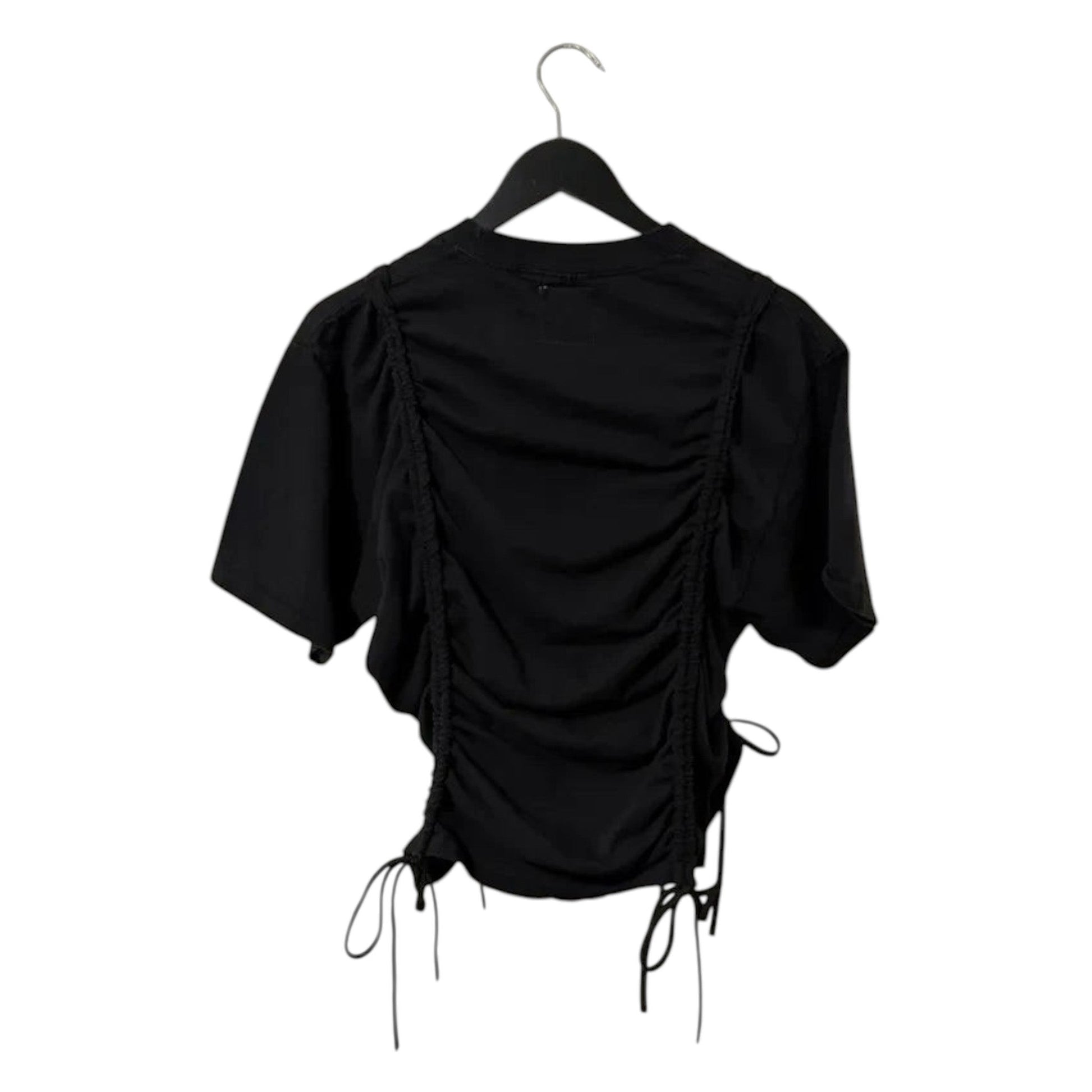 0 mph black short sleeve t-shirt with adjustable side ruched drawstring detailing hanging on a black hanger.