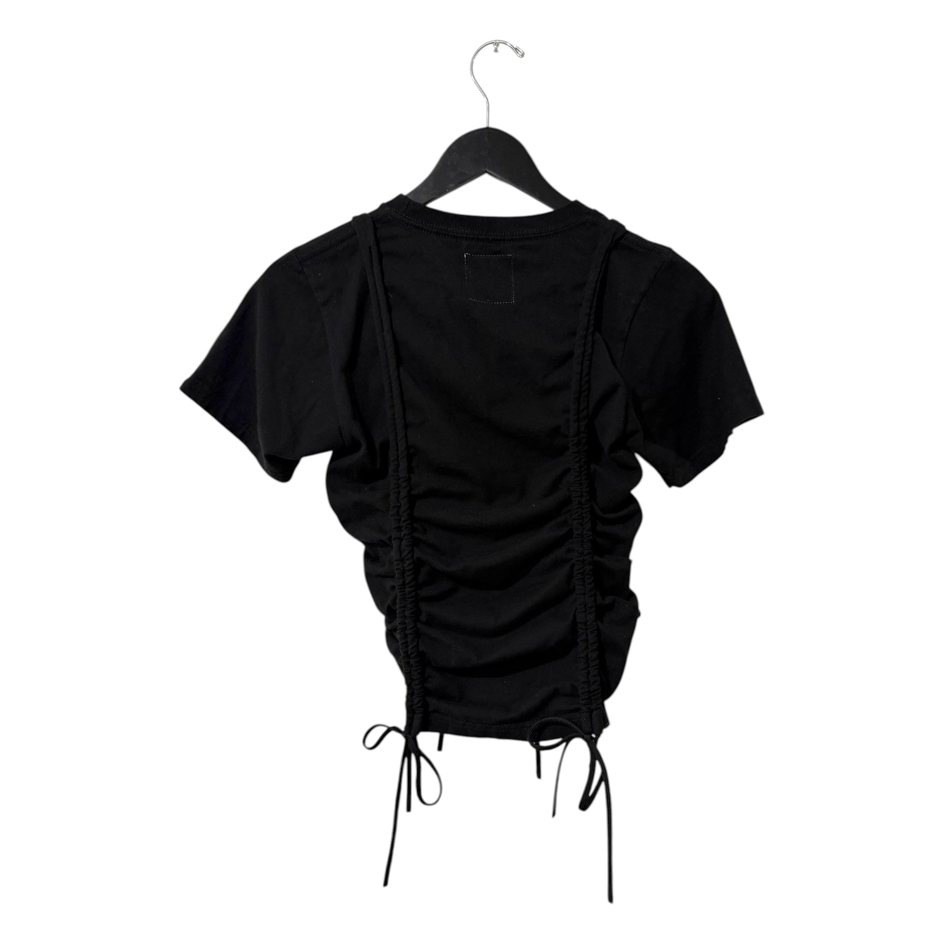 0 mph black short sleeve t-shirt with adjustable ruched side drawstrings hanging on a black hanger