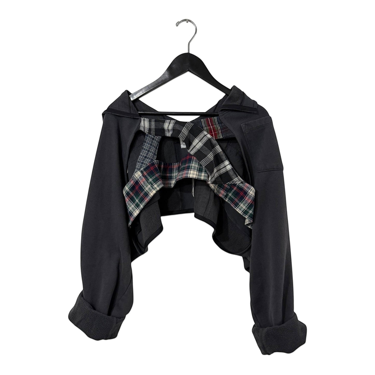 0 mph charcoal grey deconstructed cropped sweatshirt with a plaid harness back detail and fleece-back fabric.