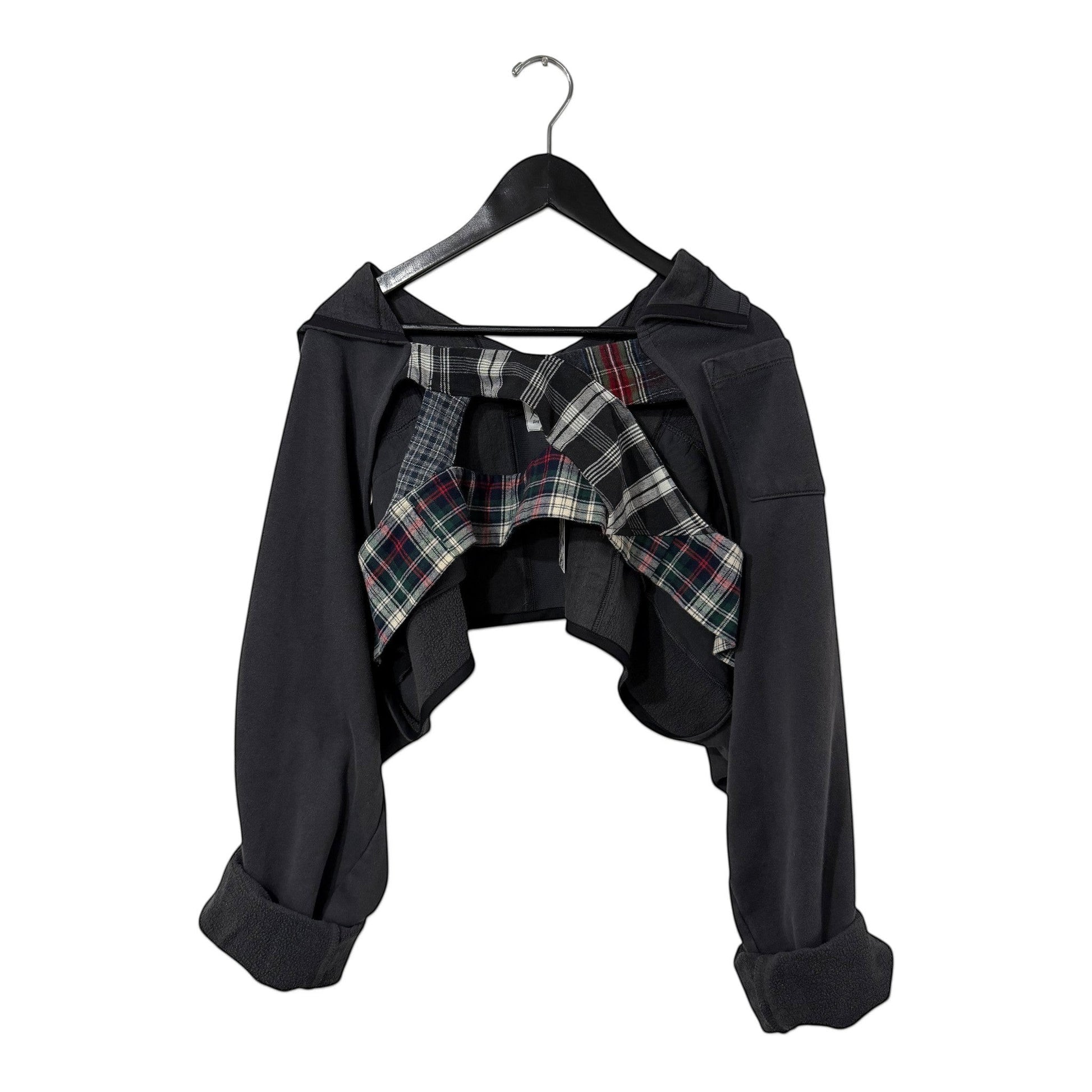 0 mph charcoal grey deconstructed cropped sweatshirt with a plaid harness back detail and fleece-back fabric.