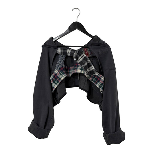 0 mph charcoal grey deconstructed cropped sweatshirt with a plaid harness back detail and fleece-back fabric.
