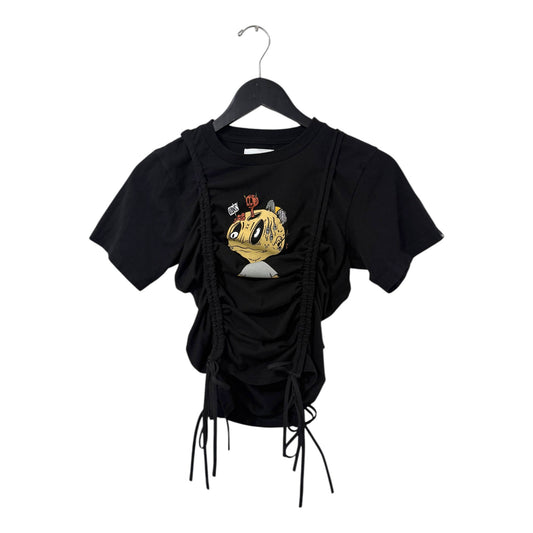 0 mph black short-sleeve crop top with front graphic print and adjustable side ruched drawstring detailing.