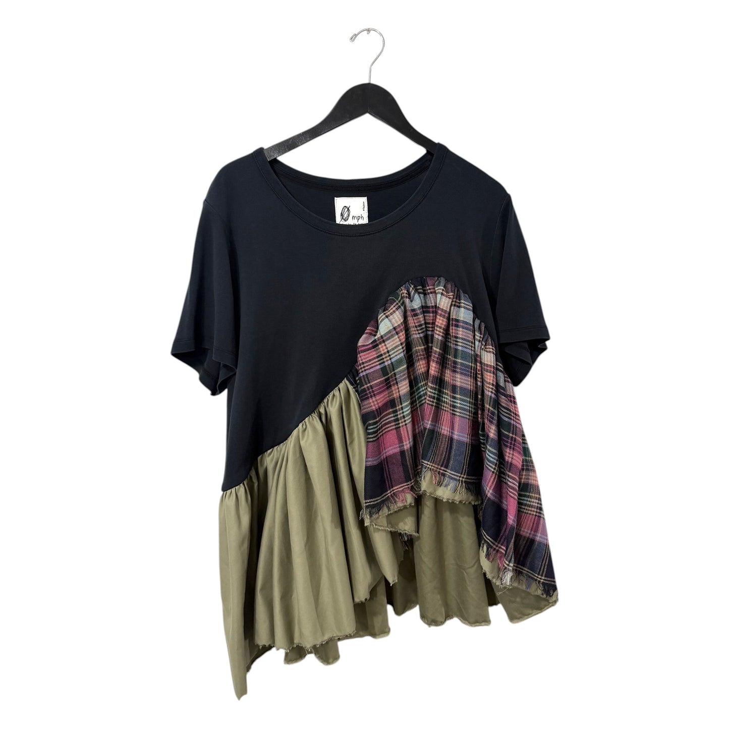 0 mph mixed media top with black knit bodice, olive green fabric, and plaid panels with raw-edge asymmetrical hem.