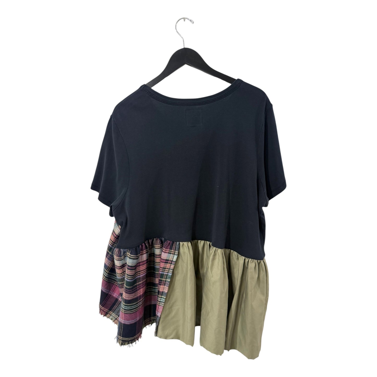 0 mph black knit top with asymmetrical olive green and plaid peplum hem and raw-edge detailing.