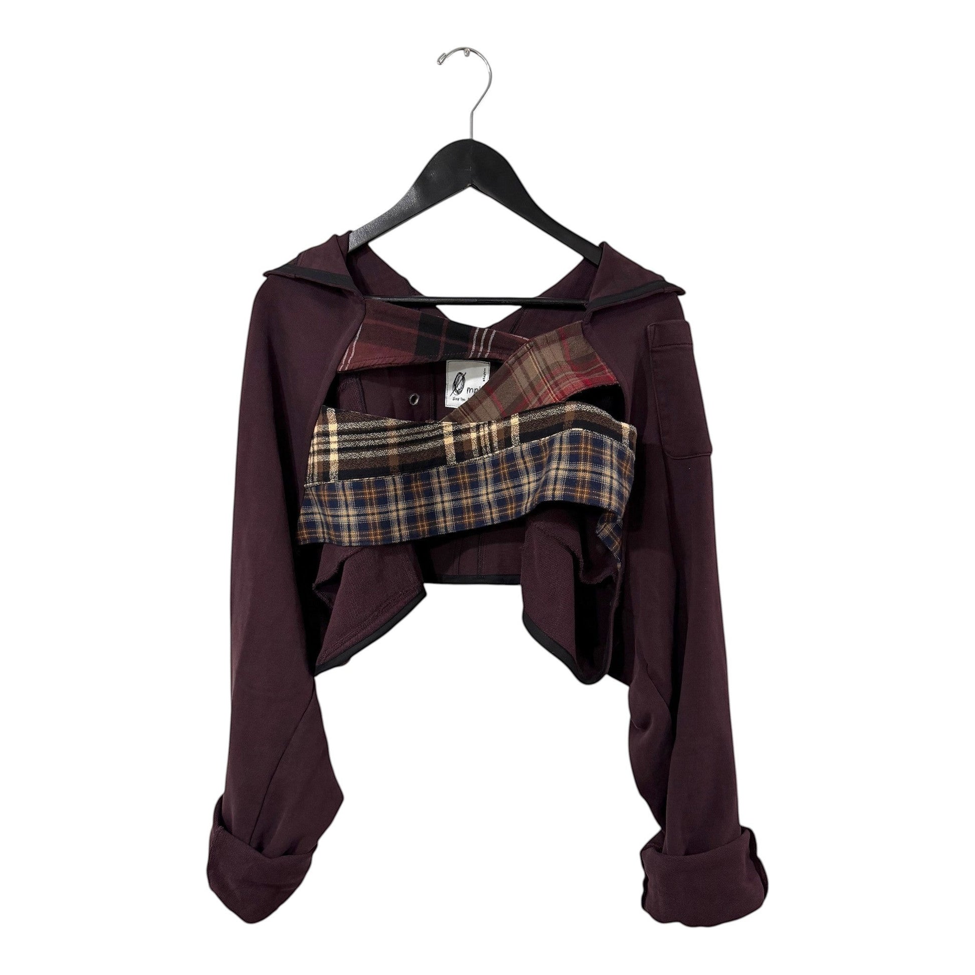0 mph plum cropped long sleeve top with deconstructed plaid layered panels and a streetwear aesthetic.