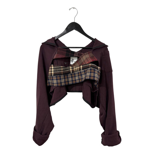 0 mph plum cropped long sleeve top with deconstructed plaid layered panels and a streetwear aesthetic.
