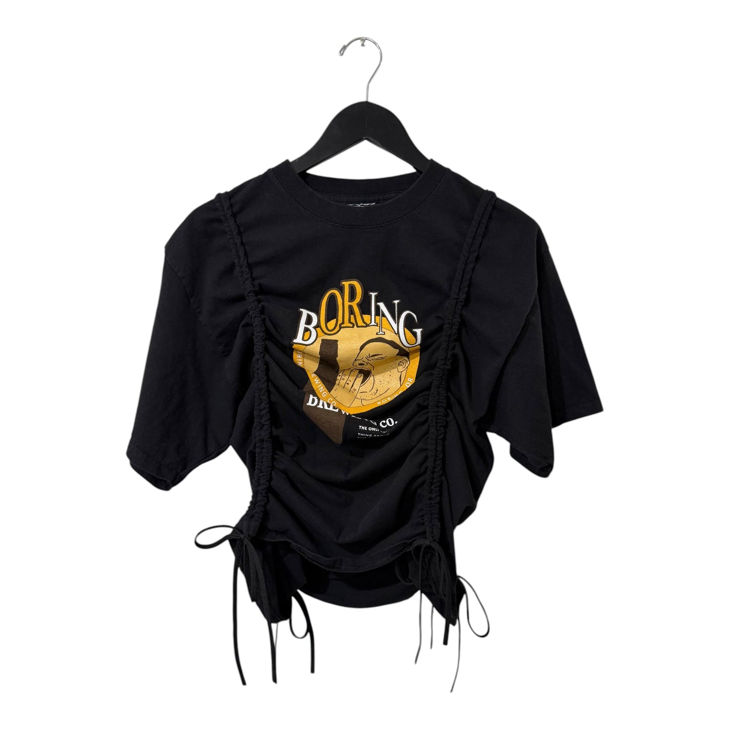 0 mph black short sleeve t-shirt with vintage graphic print and adjustable side ruched drawstring detailing.