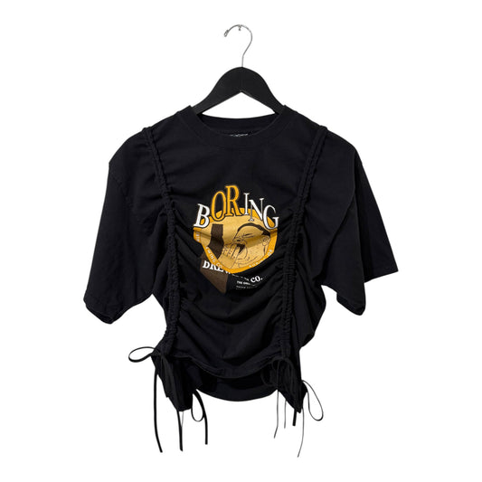 0 mph black short sleeve t-shirt with vintage graphic print and adjustable side ruched drawstring detailing.