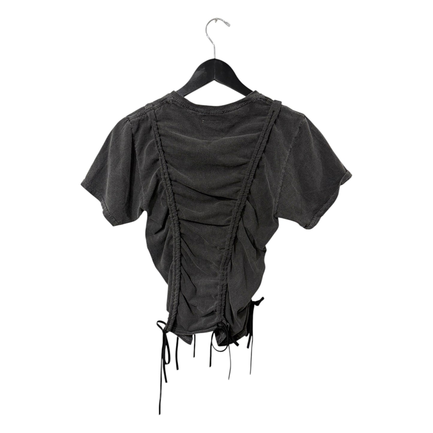 0 mph washed-black cotton short sleeve top with adjustable ruched detailing and tie-hem accents on a hanger.