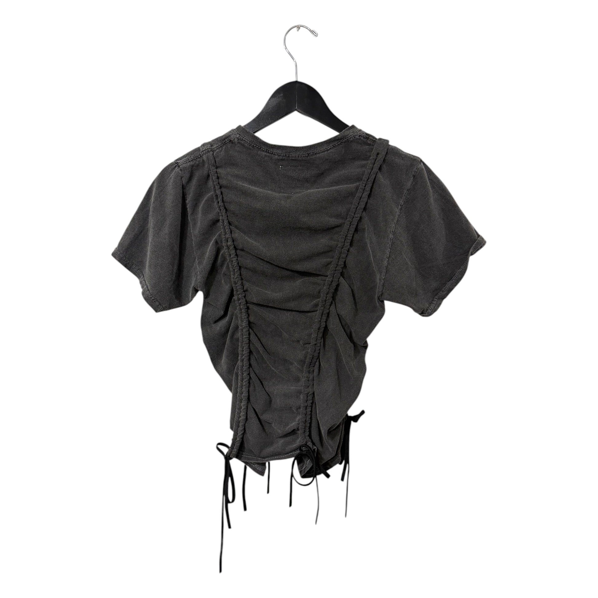 0 mph washed-black cotton short sleeve top with adjustable ruched detailing and tie-hem accents on a hanger.