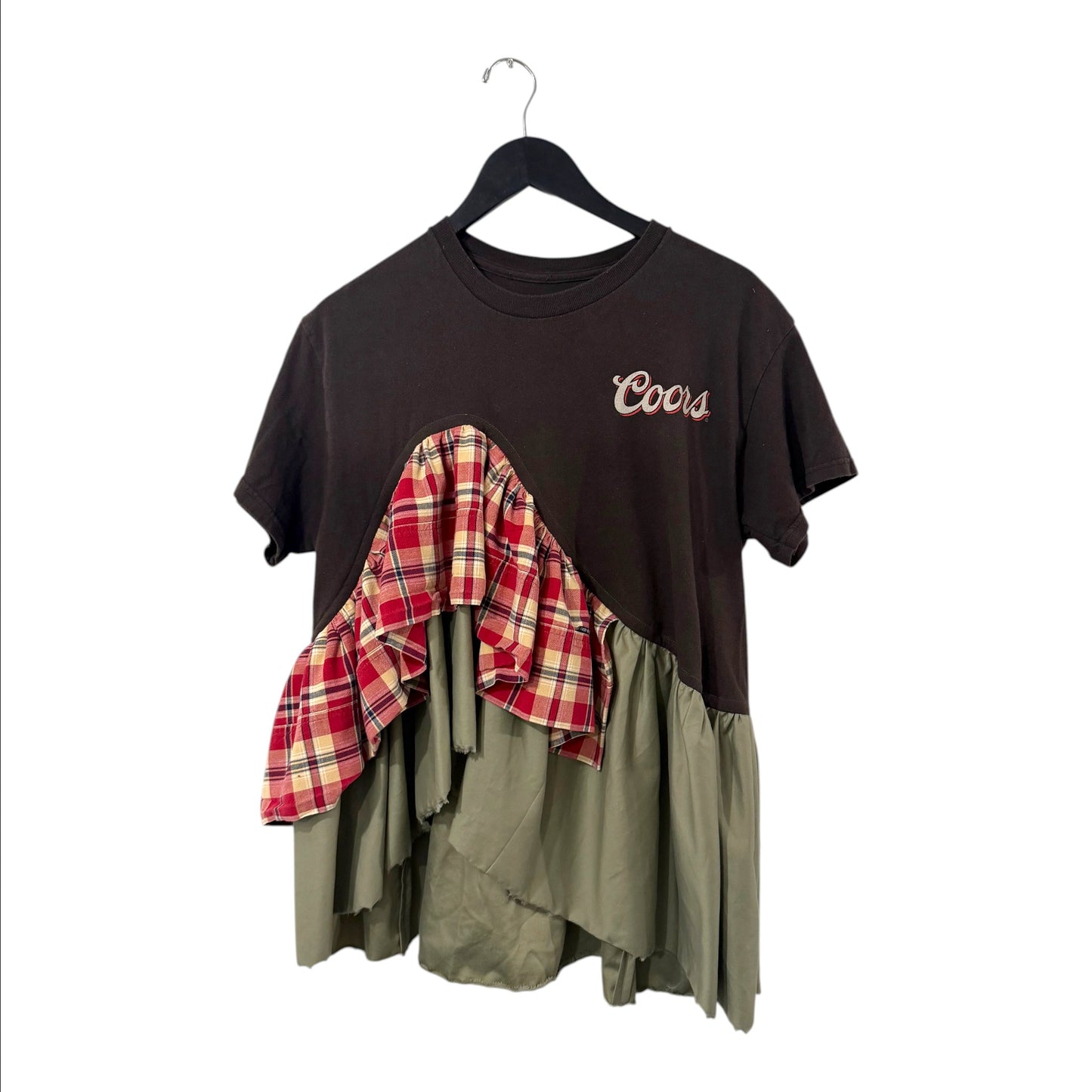 0 mph upcycled brown Coors graphic t-shirt with red plaid flannel ruffle and olive green asymmetrical hem