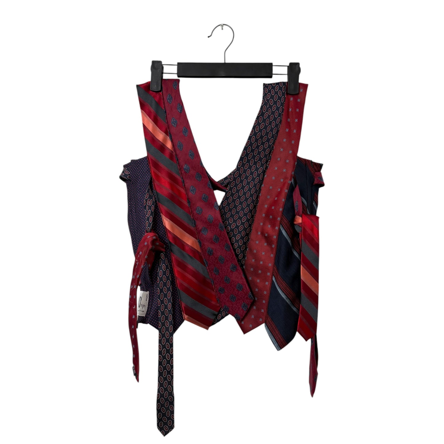 0 mph upcycled corset top made from red, burgundy, and navy silk neckties with a unique patchwork V-neck design.