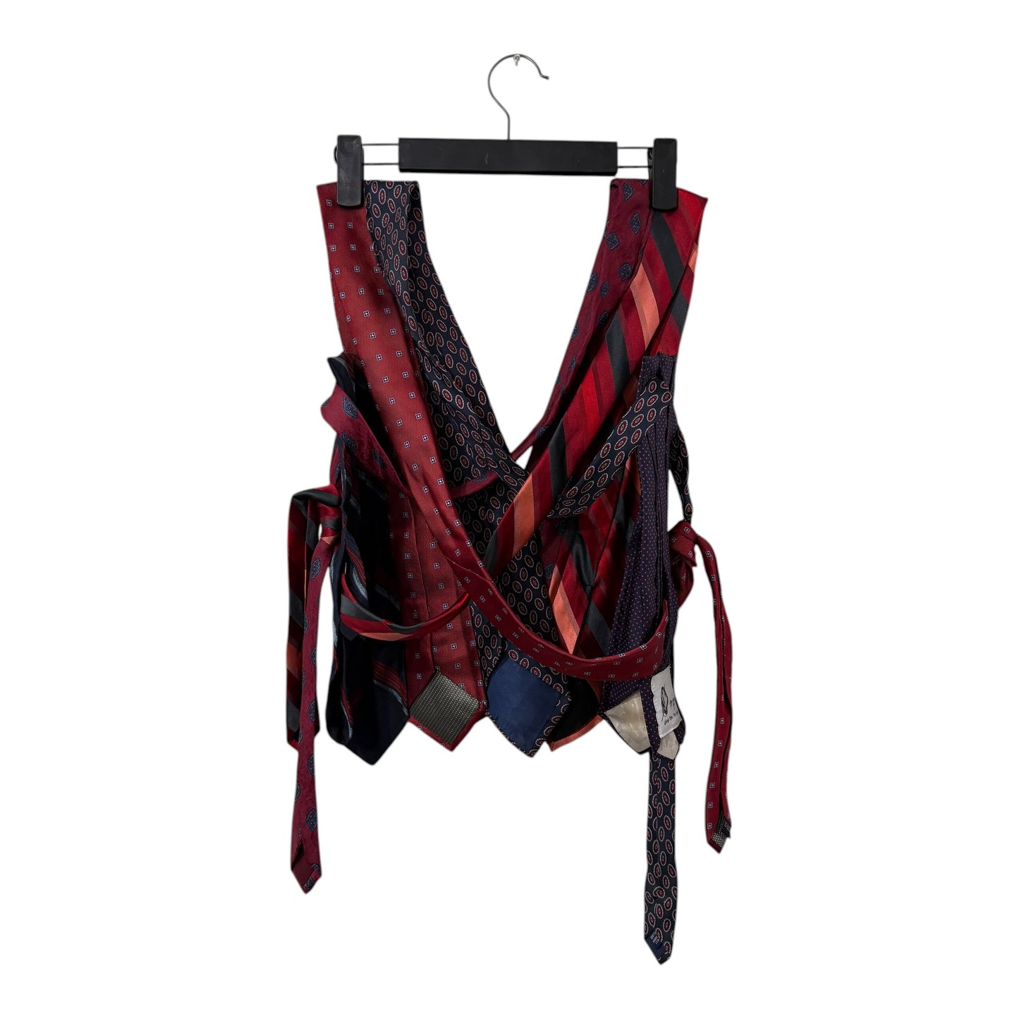 0 mph upcycled corset top made from red and navy patterned neckties with a V-neck and adjustable side ties.
