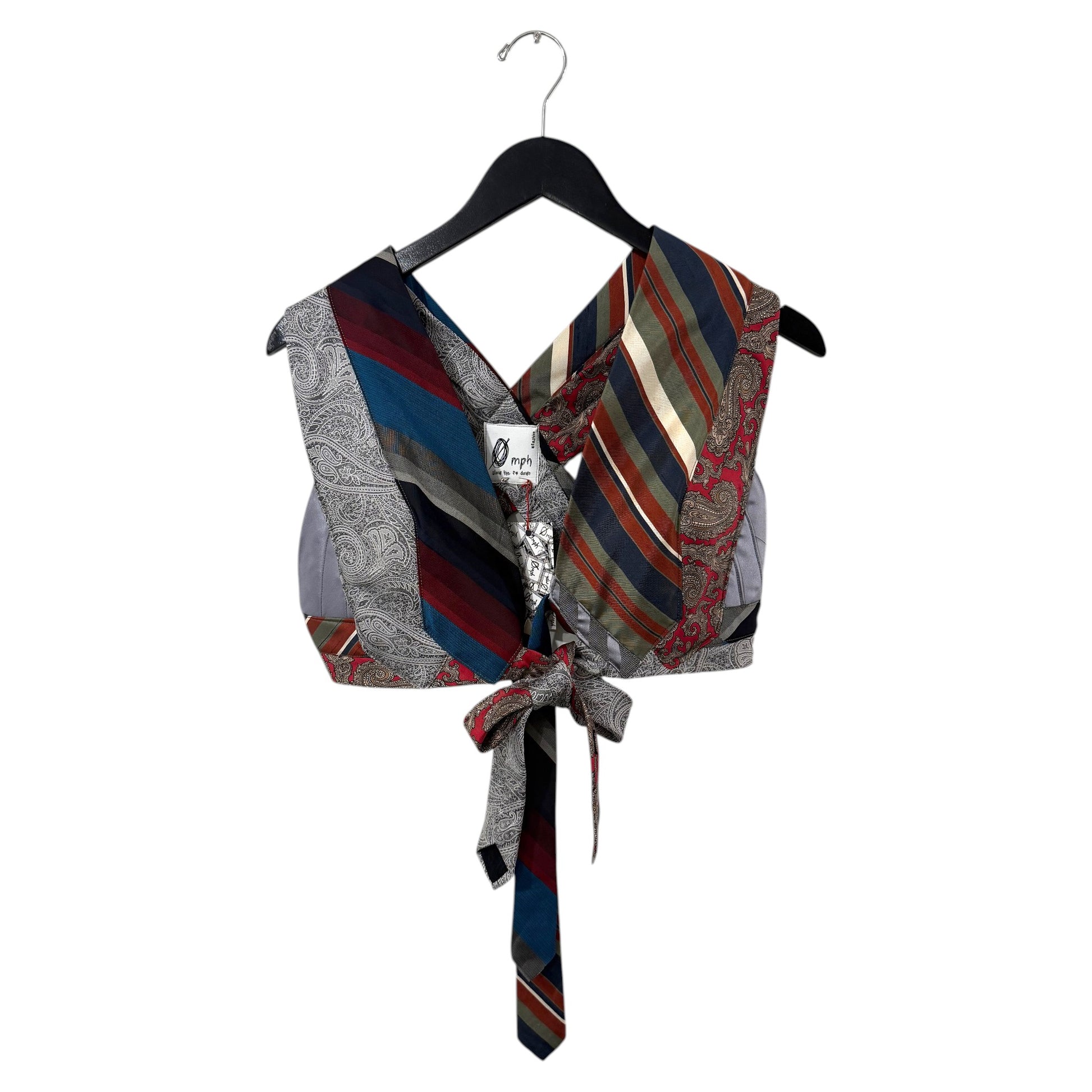 0 mph upcycled patchwork crop top made from vintage neckties with paisley and stripe patterns in red, blue, and green.