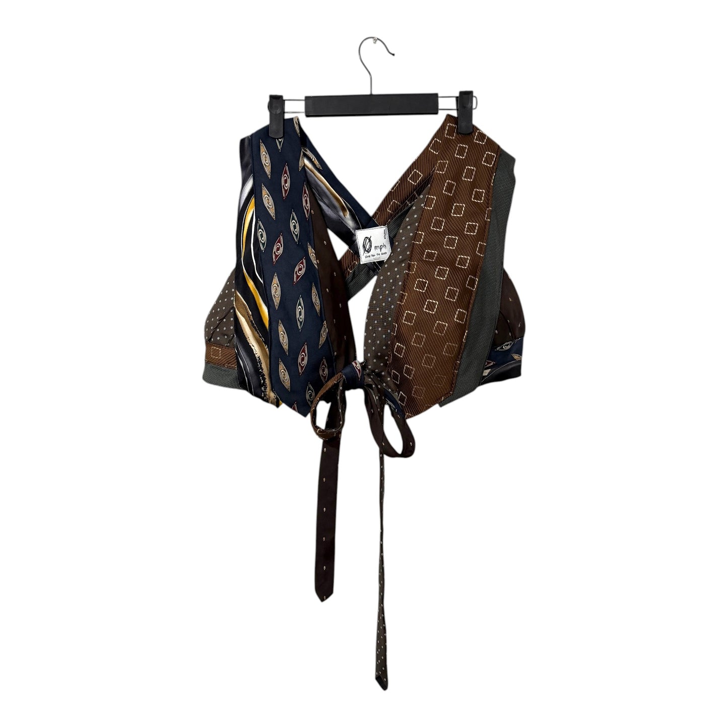 0 mph upcycled patchwork crop top made from vintage neckties in brown, navy, and charcoal with a tie-front closure.