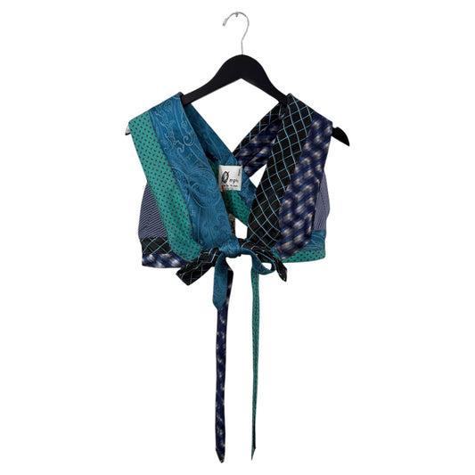 0 mph upcycled patchwork crop top made from teal, navy, and black vintage neckties with a front-tie closure.