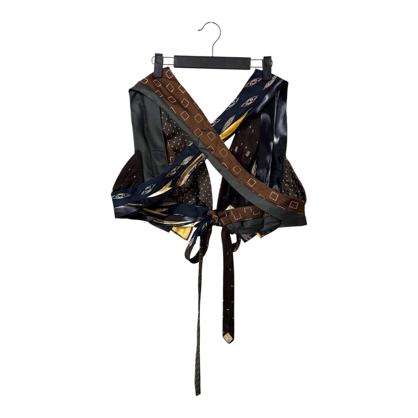0 mph upcycled patchwork crop top made from vintage neckties in brown, navy, and charcoal with a tie-front closure.