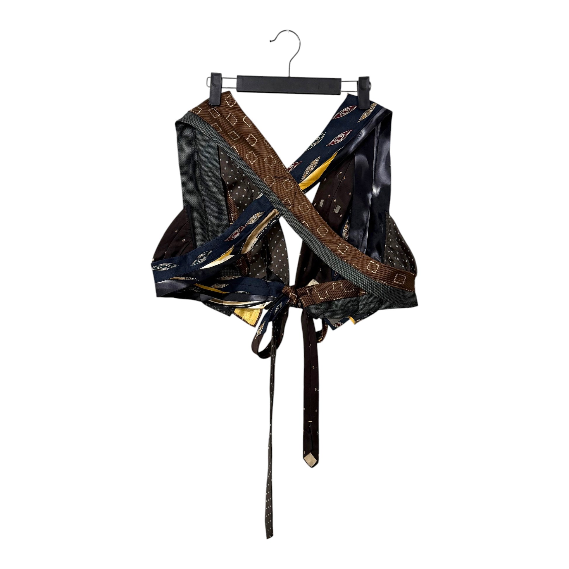 0 mph upcycled patchwork crop top made from vintage neckties in brown, navy, and charcoal with a tie-front closure.