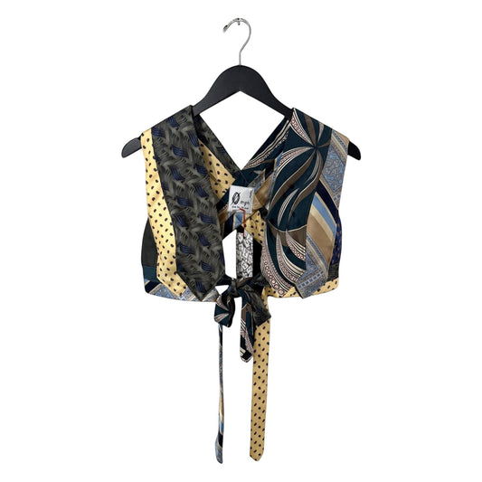 0 mph upcycled patchwork crop top made from silk-feel neckties in navy, cream, and olive with a tie-front closure.