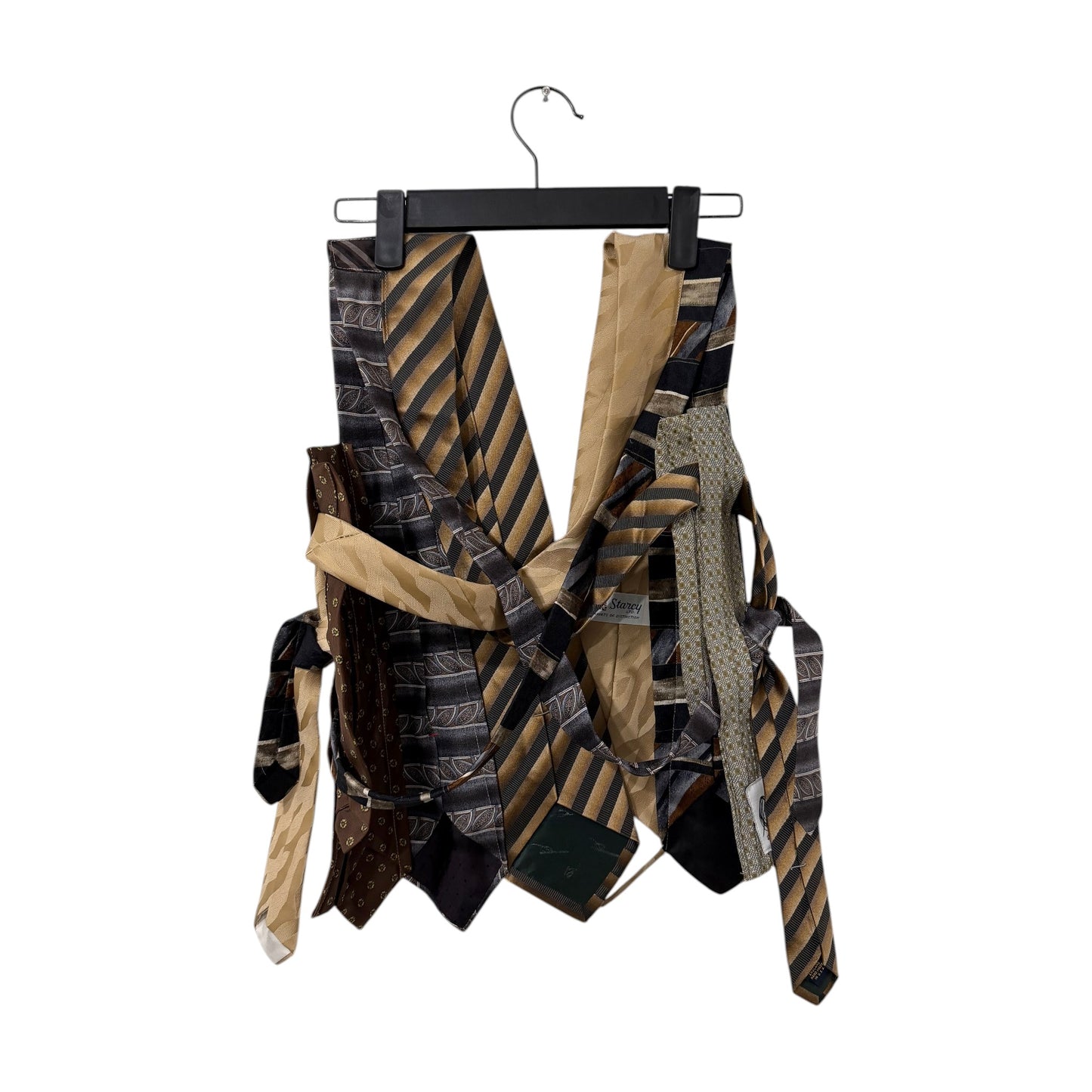 0 mph upcycled patchwork vest made from brown, black, and gold silk neckties with adjustable side-tie closures.