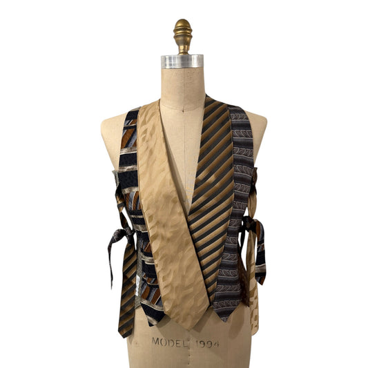 0 mph upcycled patchwork vest made from silk neckties in earthy brown, gold, and black tones with side-tie closures.