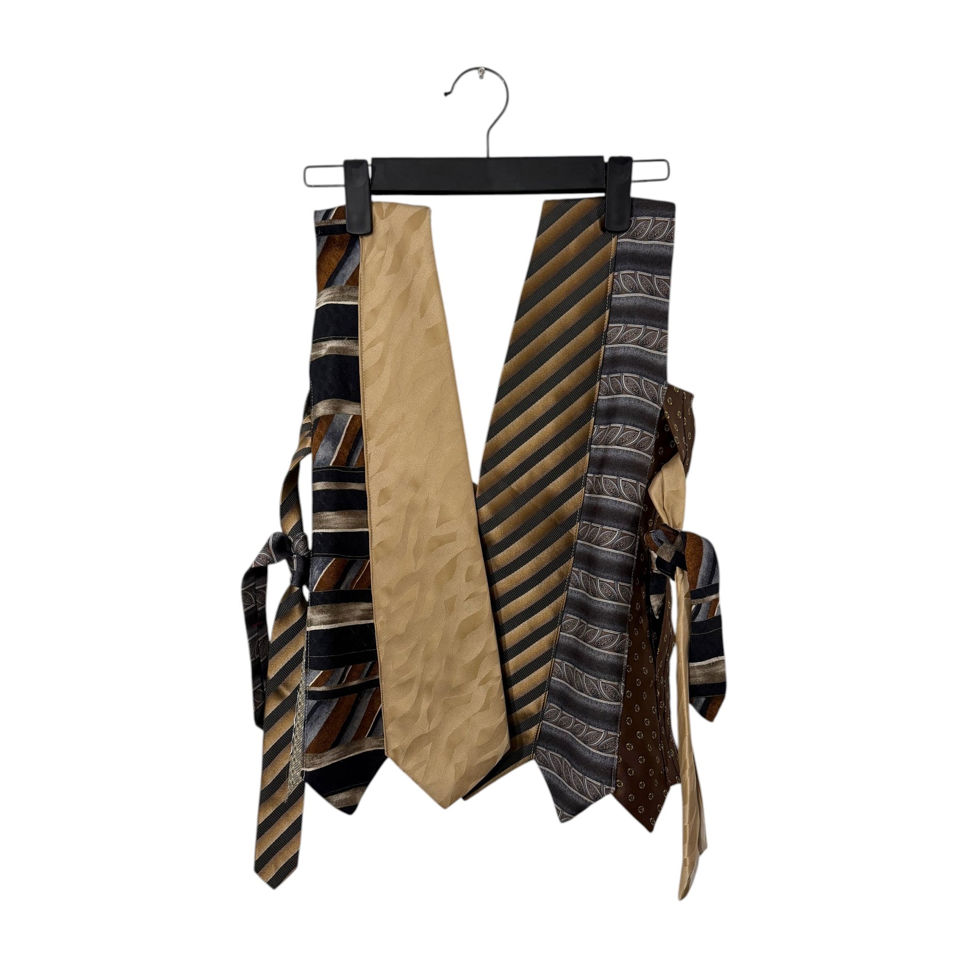 0 mph upcycled patchwork vest made from silk neckties in earthy brown, gold, and black tones with side-tie closures.