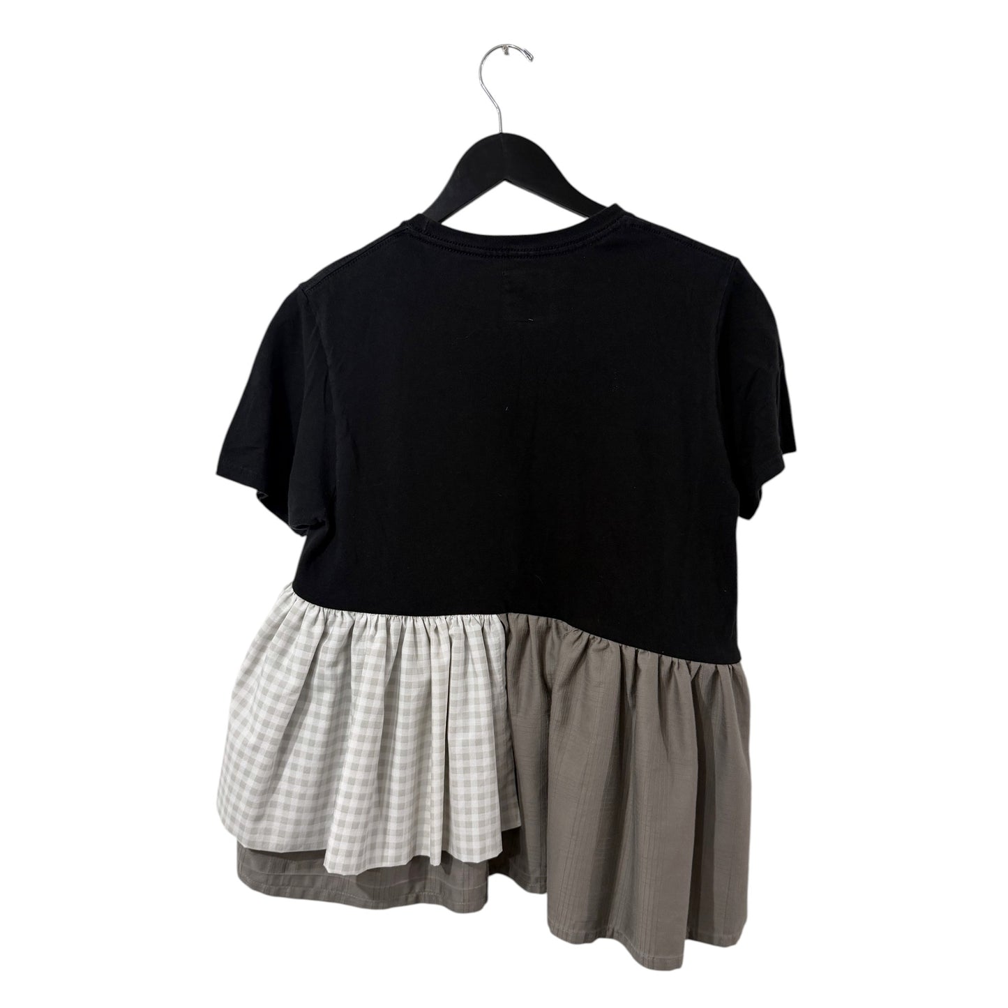 0 mph upcycled black t-shirt with asymmetrical ruffled hem featuring grey gingham and solid neutral fabric panels.